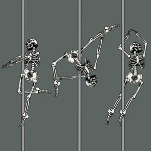 May include: Three skeletons are shown performing pole dancing. The skeletons are white and are posed in different positions around the poles. The poles are silver and are against a grey background.
