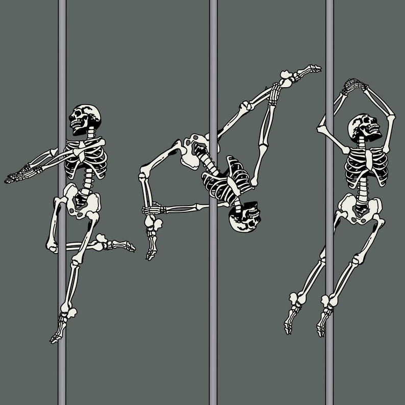 May include: Three skeletons are shown performing pole dancing. The skeletons are white and are posed in different positions around the poles. The poles are silver and are against a grey background.