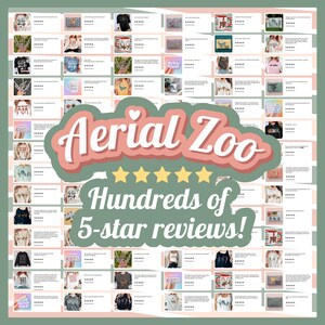 May include: A collage of images showcasing positive customer reviews for a shop called "Aerial Zoo". The reviews are all 5-star ratings and include text commending the shop's products and service. The text "Hundreds of 5-star reviews!" is displayed in a pink and white banner.