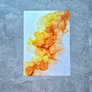 Original A3 Alcohol Ink Painting: Abstract Orange Yellow Fluid Art