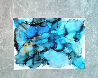 Pintura original en tinta de alcohol A3: Arte fluido abstracto en negro y azul