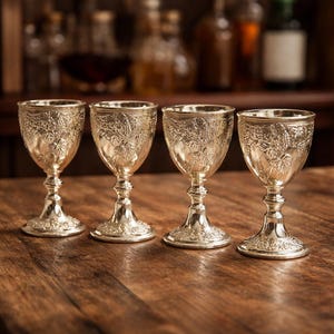 May include: Four ornate, silver-colored goblets with detailed floral and grape vine patterns. The glasses are displayed on a wooden surface, with a blurred background of bottles and shelves. The goblets have a classic, vintage aesthetic.