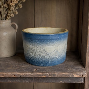 May include: A cylindrical ceramic planter featuring a textured surface with embossed butterfly motifs. The exterior displays a gradient color transition from a deep blue at the top and bottom to a lighter, off-white shade in the center.