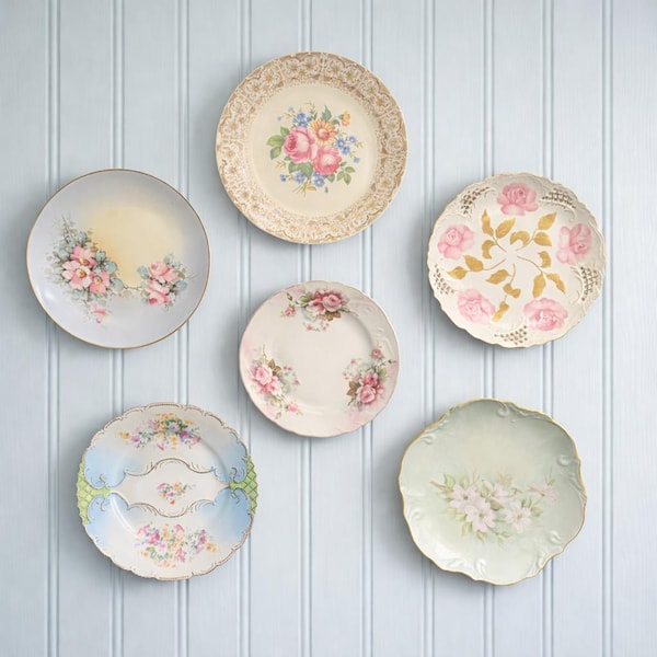 Vintage Set of 6 Mismatched Floral Plates | Cottage Wall Decor | Shabby Chic