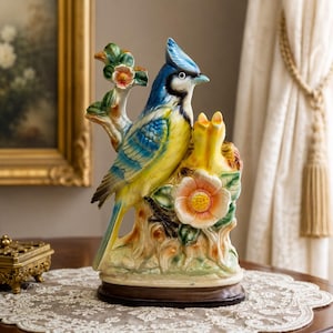 Vintage Ceramic Blue Jay Bird Figurine | Colorful Floral Bird Statue