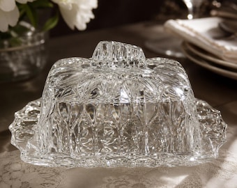 Vintage Crystal Glass Butter Dish | Covered Pressed Glass