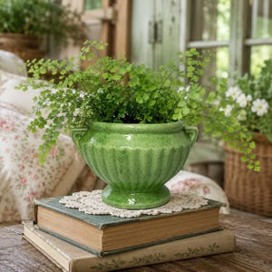 Vintage Green Art Pottery Planter | Speckled Ceramic Cache Pot | Pedestal Jardiniere