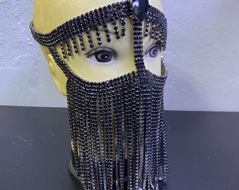 Velo facial con flecos de diamantes de imitación negros – Tocado para fiesta rave de Burning Man