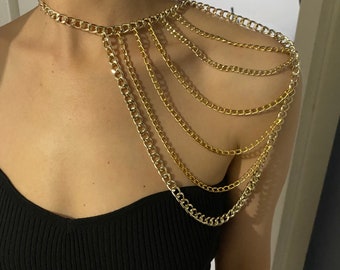 Multilayer shoulder Chain, layered shoulder necklace, shoulder decoration, fringed shoulder Chain, boho gold silver shoulder , rave outfit