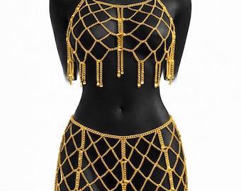 Gold Chain Body Jewelry Set, Festival Chain Top and Skirt, Burning Man Goddess Outfit, Luxury Gold Body Chain, Coachella Festival Jewelry