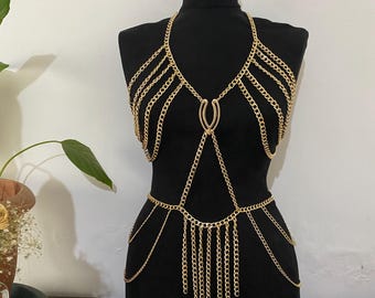 Goudkleurige bodyketting met franje – Festival Rave-lichaamssieraden