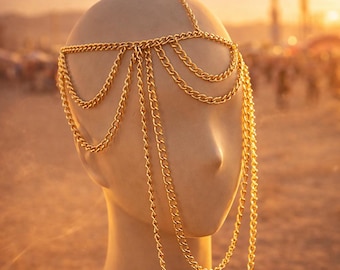 Gold Chain Headpiece, Festival Goddess Head Jewelry, Boho Face Chain Headpiece, Burning Man Coachella Jewelry, Statement Gold Head Chain