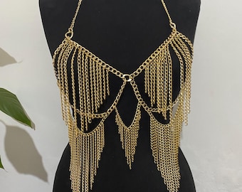 Handgemaakte gouden bh-topje met franje - Festival Rave Body Jewelry