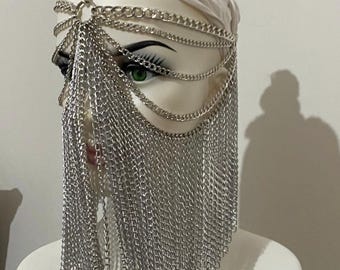 Cleopatra Headpiece: Silver Chain Veil, Exotic Dance Costume