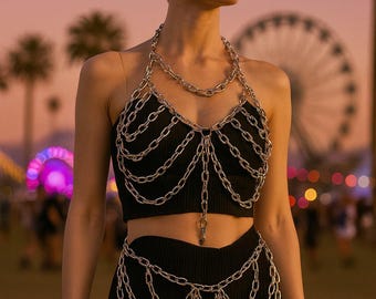 Silver Chain Body Jewelry Set: Rave Festival Outfit