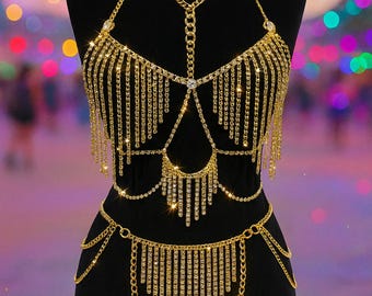 Gold Fringe Body Chain Set – Rave Festival Chain Bra and Skirt, Handmade