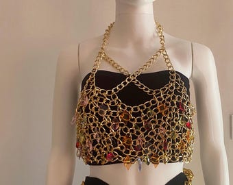 Gold Chain Bralette: Festival Body Jewelry with Colorful Gems