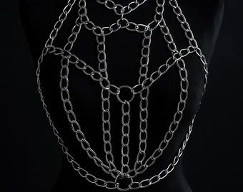 Silver Chain Harness Top – Chunky Body Chain Bra – Gothic Festival Outfit – Statement Chain Jewelry – Adjustable Body Accessory Women