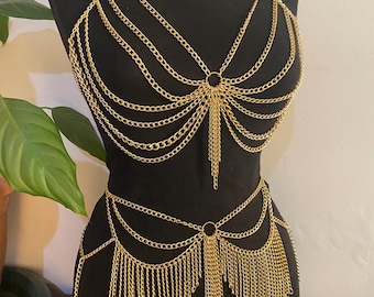 Gold Body Chain Set – Festival Bra & Fringe Waist Belt, Rave Outfit