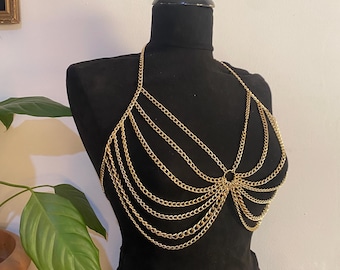 Gold Draped Chain Bra – Festival Rave Body Jewelry