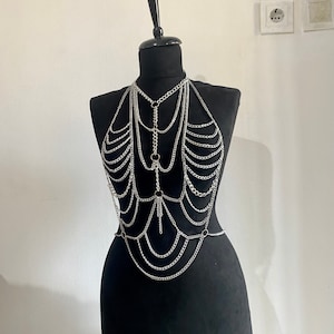 Silver Body Chain Harness – Statement Festival Jewelry, Multi Layer Chain Necklace, Boho Belly Chain, Rave & Evening Outfit Accessory