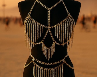 Gold Body Chain Set – Handmade Festival Rave Outfit, Adjustable