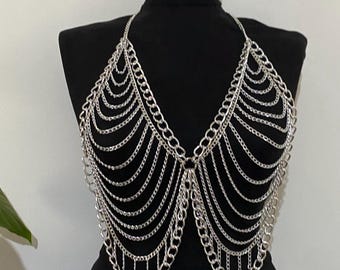 Silber Körperkette Top - Handmade Metal Rave Bra, Festival Wear