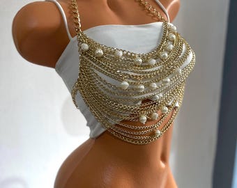 Pearl Body Chain Bralette: Gold Chainmail Rave Top