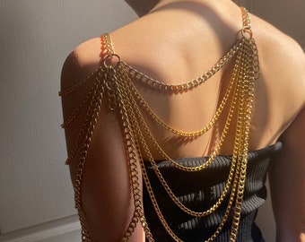 Gouden schouderketting, rug gedrapeerde lichaamssieraden, festival schouderharnas, godin ketting sieraden, Burning Man Coachella-accessoire