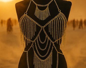 Gold Fringe Body Chain – Festival Rave Bra Top, Adjustable