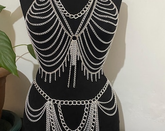 Silver Body Chain Set – Layered Rave Outfit, Exotic Dance Accessories
