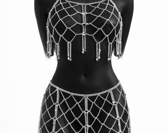 Silver Chain Body Jewelry Set, Festival Chain Top and Skirt, Burning Man Silver Chain Outfit, Goddess Body Chain Set, Rave Festival Jewelry