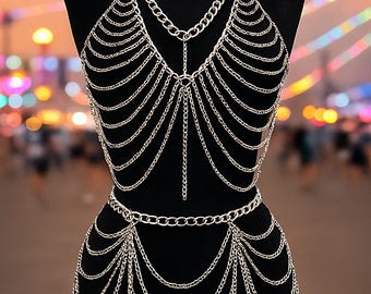 Silver Layered Body Chain – Festival Rave Outfit