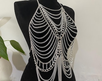 Silver Statement Body Chain – Rave Festival Halter Top