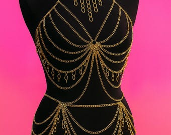Gold Body Chain Harness – Festival Rave Outfit Jewelry