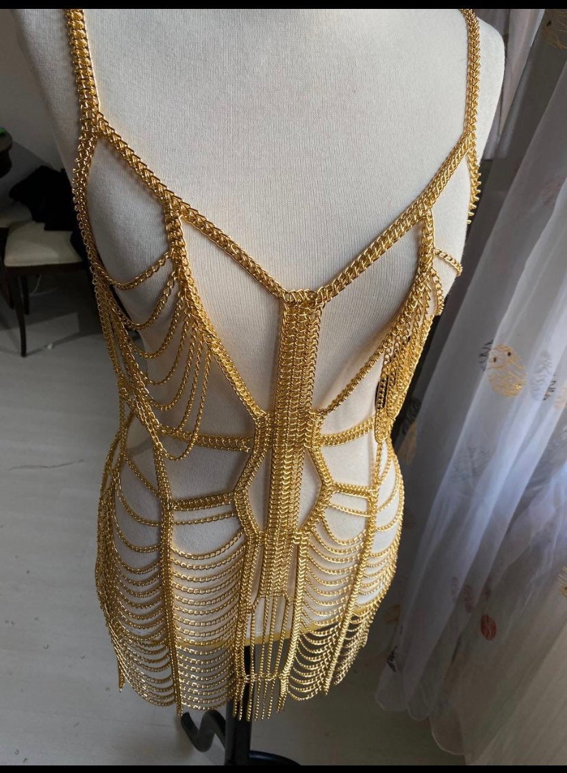 Gold Body Chain Dress: Festival Rave Outfit - Etsy Gold Body Chain Dress: Festival Rave Outfit - Etsy