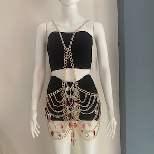 body chain dress, silver and gold body accessories, festival cloting,rave wear,neon rave clothes,cyberpunk jewelry,techno rave attire,edm