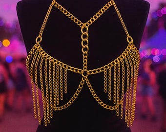 Handmade Gold Fringe Body Chain Bra – Rave Festival Accessory