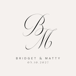May include: A wedding invitation design featuring the intertwined initials "BM" in black script. Below, the names "Bridget & Matty" and the date "05.10.2027" are printed in a simple font on a cream background.