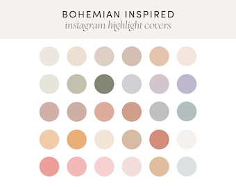 May include: A set of 25 round Instagram highlight covers in various shades of beige, brown, pink, and gray. The covers are arranged in a grid of five rows and five columns.  "BOHEMIAN INSPIRED instagram highlight covers" is written in black text at the top of the image.