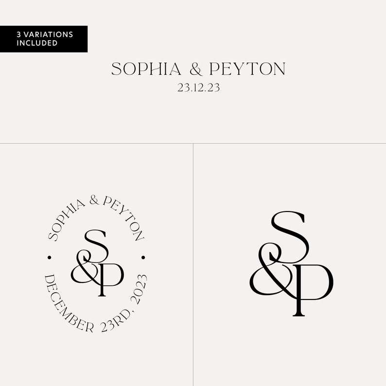 May include: Wedding monogram design featuring the names Sophia and Peyton with the date 23.12.23. The design includes a stylized S and P intertwined with an ampersand.