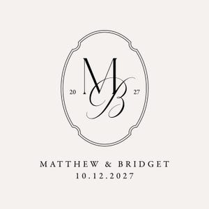 May include: A black and white graphic design featuring a central oval frame containing the intertwined letters M and B, flanked by the numbers 20 and 27. Below the frame, the text reads MATTHEW & BRIDGET followed by the date 10.12.2027.