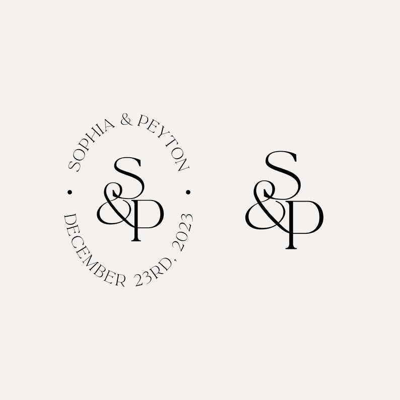 May include: A wedding monogram with the initials "S&P" in a decorative font. The monogram is surrounded by a circle with the text "Sophia & Peyton. December 23rd, 2023."