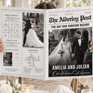 May include: A black and white wedding newspaper titled The Alderley Post, dated 18 September 2027. It features photos of a couple, a photo bingo game, a crossword puzzle, and a section to leave a note. The headline reads The Day Our Forever Begins.