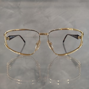 Pu&ograve; includere: Occhiali in metallo dorato con montatura geometrica. Gli occhiali hanno lenti trasparenti e un ponte nasale nero.