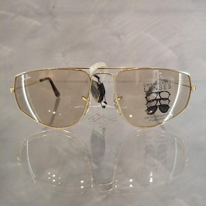 May include: Gold-coloured sunglasses with brown lenses. The sunglasses have a double bridge and a rectangular shape. The lenses are marked with "CHANGEABLE LENSES" and "100% Ultraviolet Protection".