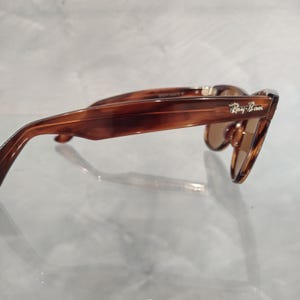 May include: Brown tortoise shell Ray-Ban sunglasses with brown lenses. The sunglasses are in a side view, showing the Ray-Ban logo on the right temple.