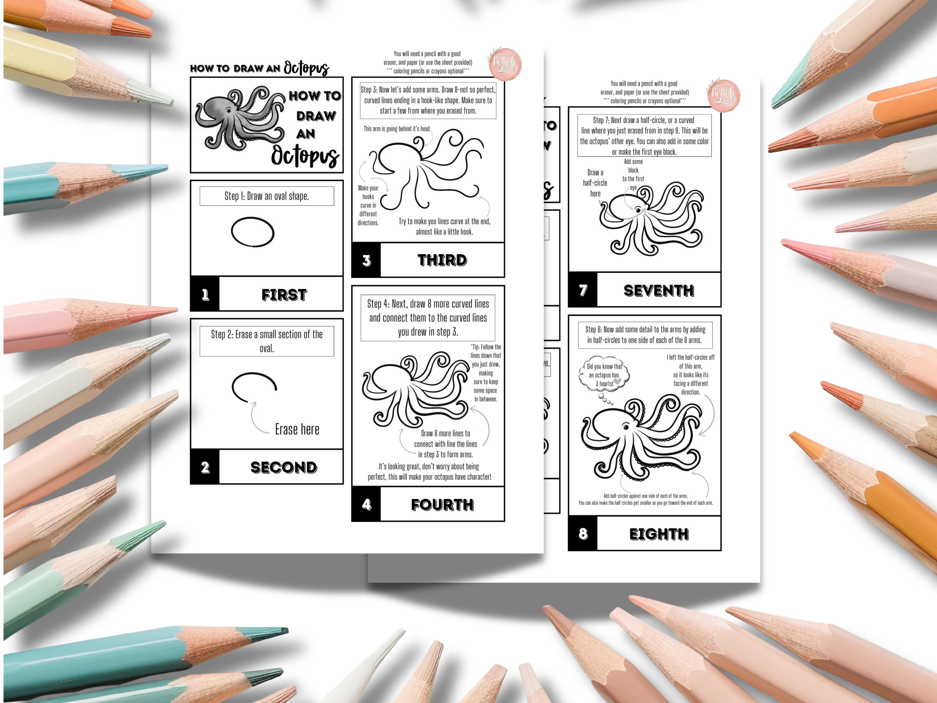 Learning To Draw Octopus How to Draw an Octopus | Learning Activity for Kids - Etsy