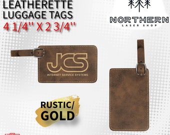 May include: Rustic gold leatherette luggage tag with a stitched border. The tag is 4 1/4 inches by 2 3/4 inches and has a metal loop for attaching to luggage. The tag is laserable and has the text "JS Internet Service Systems" on it.