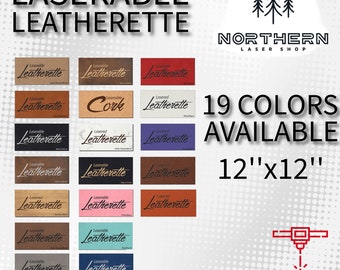 May include: A selection of 19 colors of 12" x 12" laserable leatherette sheets. The colors include light brown, red, white, cork, black, purple, brown, gold, pink, blue, gray, and more. The image also includes the text "Laserable Leatherette" and "19 Colors Available".